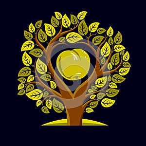 Vector illustration of tree with leaves and branches in the shape of heart with an apple inside. Fruitfulness and fertility idea photo