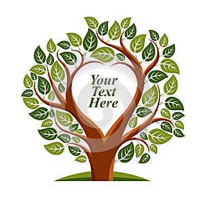 Vector illustration of tree with leaves and branches in the shape of heart with blank copy space. Love and motherhood idea image.