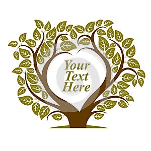 Vector illustration of tree with leaves and branches in the shape of heart with blank copy space. Love and motherhood idea image.