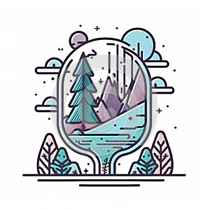 Vector illustration in trendy linear style. Abstract landscape with trees and mountains.