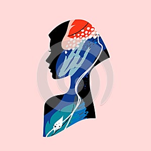 Vector illustration in trendy modern artistic style of beautiful female face silhouette in profile with creative abstract pattern