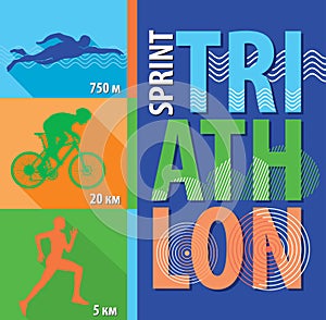 Vector illustration triathlon, flat design, poster sprint triathlon.