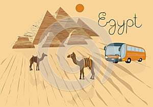 Vector illustration of a trip to Egypt. To advertise the tour in a travel Agency. Cairo, pyramids, camels in the desert.