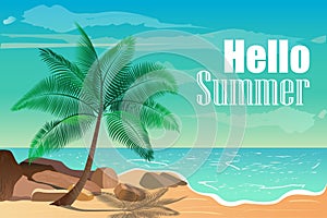 Vector illustration with tropical beach. Hello summer.