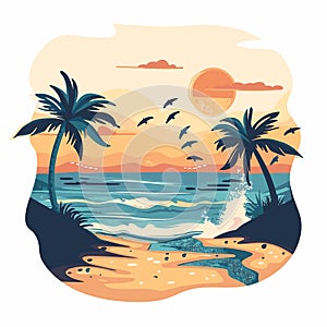 Vector illustration of tropical island with palm trees, seagulls and sunset.