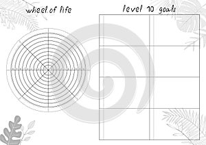 Vector illustration of tropical leaves and Wheel of Life - diagram with blank lines to fill. Printable A4 paper sheet for coaching