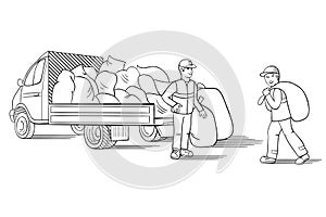 Vector illustration of truck with cargo for moving or relocation with moving men carrying load.