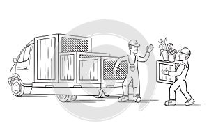 Vector illustration of truck with cargo for moving or relocation with moving men carrying load.