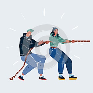 Vector illustration of tug-of-war one side. Man and woman play in one team on white backround.