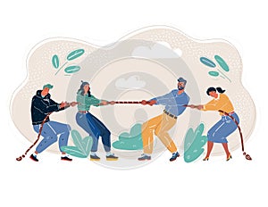 Vector illustration of tug-of-war people. Battle of the generations. Business competition concept.