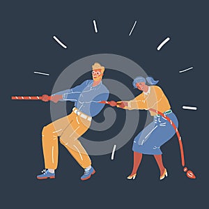 Vector illustration of Tug-of-war team people. One side view on dark backround.