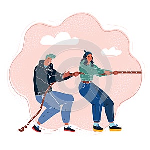 Vector illustration of Tug-of-war team people. One side view on dark backround.