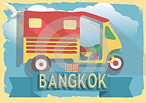 Vector illustration tuk tuk of thailand bangkok on retro style poster or postcard.