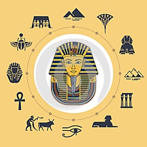 Vector illustration of Tutankhamen masks with various icons of sights and symbols of Egypt
