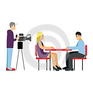 Vector illustration Tv journalist taking interview in front camera