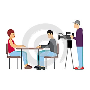 Vector illustration Tv journalist taking interview in front camera