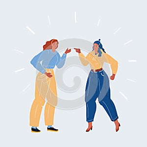 Vector illustration of Tw women and angry looking each other and and argue viciously with each other on white backround.
