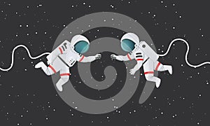 Vector illustration. Two astronauts reaching to each other in space. Romantic scene, connection, Dark space with stars in the