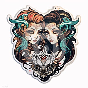 Vector illustration of two beautiful girls in love. Tattoo design