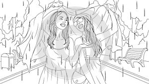 Vector illustration, two beautiful girls walk in the rain and laugh, hiding with clothes