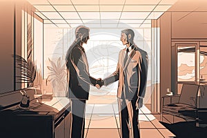 Vector illustration of two businessmen shaking hands in office. Handshake concept. Illustration of Two Businessmen Shaking Hands,