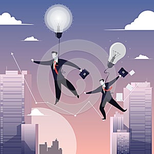 Vector illustration of two businessmen walking on tightrope like funambulist