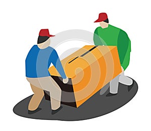 A vector illustration of two cartoon porters carrying boxes