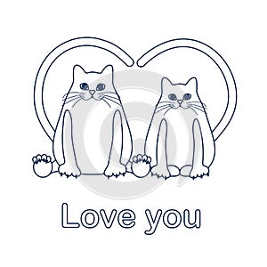 Vector illustration of two cats with heart shaped tails. Love, romantic concept. Happy Valentine's Day. Design for greeting card,