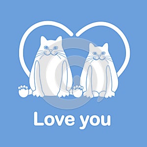 Vector illustration of two cats with heart shaped tails. Love, romantic concept. Happy Valentine's Day. Design for greeting card,
