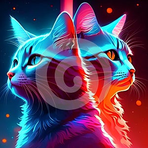 Vector illustration of two cats in love on a red background with stars Generative AI