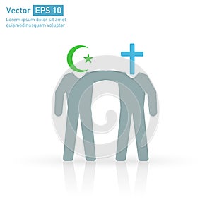 Vector illustration of two characters with Islamic and Christian symbol in head are standing side by side with peace and friendshi