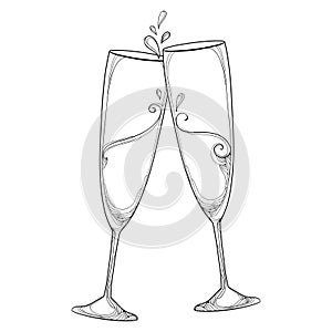 Vector illustration with two contour champagne glasses or flute in black isolated on white background.