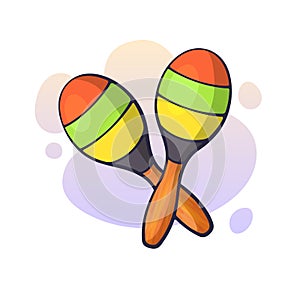 Vector illustration. Two crossed maracas in stripes. Impact and noise instrument. Equipment for Latin, rumba, folk, blues music.