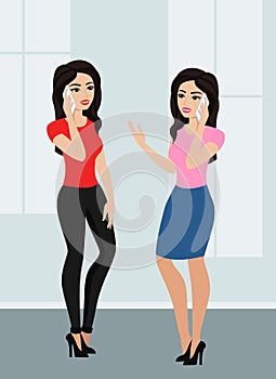 Vector illustration of two cute cartoon girls using a cell phone. Women are talking by mobile phone in flat style.