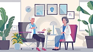 Vector illustration of two doctors conversing in a modern clinic office, showcasing teamwork in healthcare