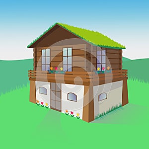 Vector illustration of a two-floor house with a greened roof. Isolated illustration.