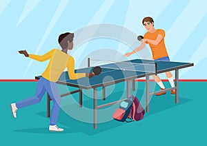 The vector illustration of two friends playing the table tennis.