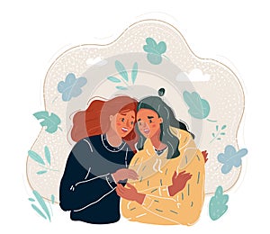 Vector illustration of two friends. Women hugging each other. Friendship concept