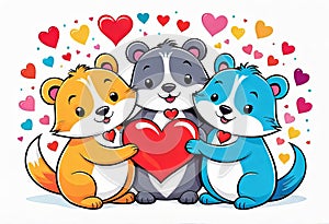 vector illustration, two funny hugging animals surrounded by hearts and decorations, congratulations from friends