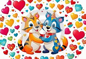 vector illustration, two funny hugging animals surrounded by hearts and decorations, congratulations from friends