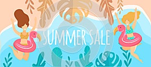 Vector illustration of two girls in swimsuits in snood flamingos jumping and smiling because the summer sales are starting. Copy