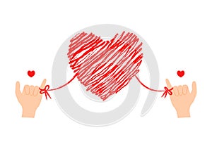 Vector illustration of two hands connected to a heart-shaped red thread. Red string of fate or destiny soulmate