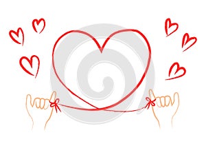 Vector illustration of two hands connected to a heart-shaped red thread. Red string of fate or destiny soulmate.