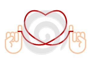 Vector illustration of two hands connected to a heart-shaped red thread. Red string of fate or destiny soulmate.