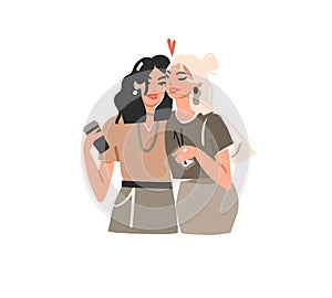 Vector illustration of two happy smiling,beauty best friends teenage girls hugging and drink coffee cocktails together