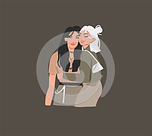 Vector illustration of two happy smiling,beauty best friends teenage girls hugging and drink coffee cocktails together