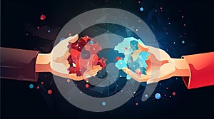 Vector illustration of two human hands holding pieces of puzzle, Teamwork concept, Generative AI illustrations
