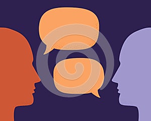 Vector illustration of two human heads silhouette talking through speech bubbles. Concept of communication, dialogue, chat,