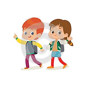 Vector illustration of two kids with the backpacks are going to school. Preschool friends boy and girl are walk to