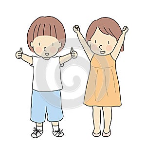 Vector illustration of two kids, boy with thumbs up and girl with raised arms & fits celebrating success. Sign and gesturing photo